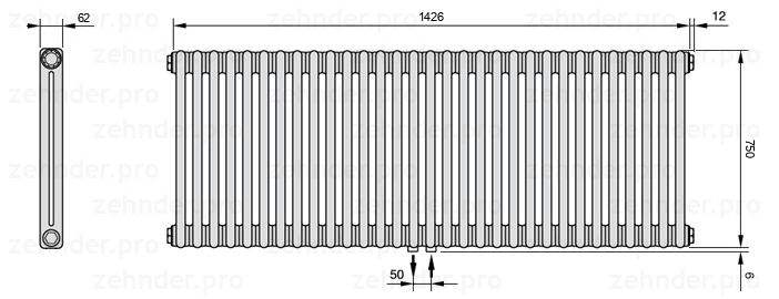 Схема (чертеж) Радиатор Zehnder Charleston 2075/31 №5410 Белый глянцевый RAL 9016